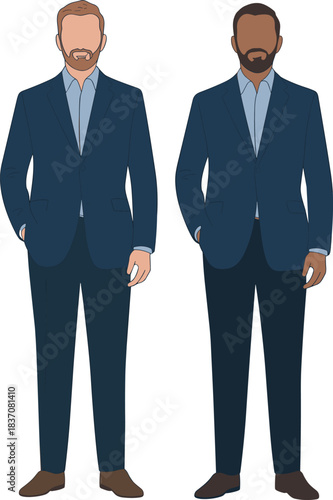 WebProfessional illustration showing two diverse male businessmen in blue suicorporate colleagues, business partnerships, professional collaboration, and equal opportunity in the modern workplace