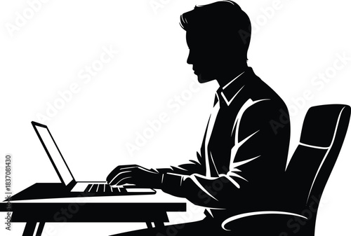 WebProfessional male silhouette working diligently at laptop on desk in office chair, illustrating dedication, focus, corporate business, and technology in a modern workspace environment.