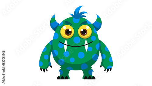 A Green Fluffy Monster With Blue Polka Dots And Blue Spiky Hair And Small Horns Staring Forward With A Playful Expression On A Black Background
