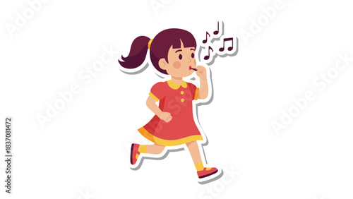 A Joyful Young Girl in a Red Dress Running and Whistling with Musical Notes Floating Around Her Head on a Black Background