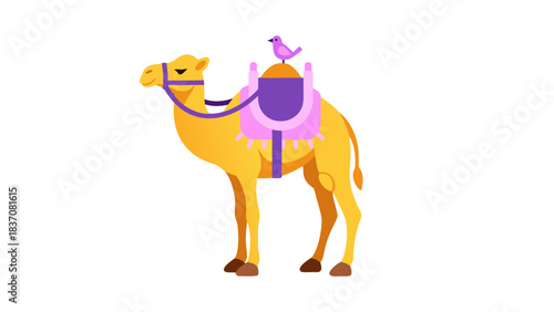 A One Hump Camel Standing With A Pink Bird On Its Saddle In A Desert With Clear Sky And Minimalist Pixelated Style