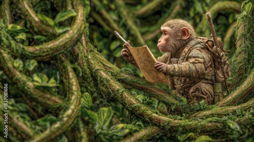 A monkey explorer, equipped with backpack & pen, meticulously studies a map in a lush jungle setting, encircled by vines