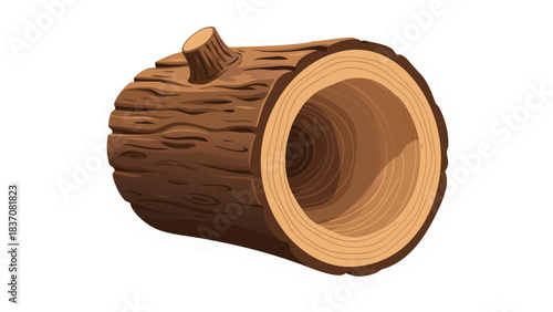 A pixel art illustration of a hollowed out tree trunk with a cut branch showing natural brown wood grain and texture on a black background