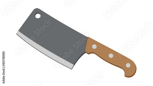 A realistic illustration of a sharp steel cleaver with a brown wooden handle and silver rivets on a black background