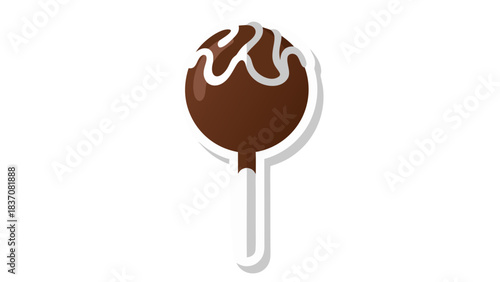 A Round Chocolate Cake Pop Drizzled With White Icing and Attached to a White Stick Against a Solid Black Background