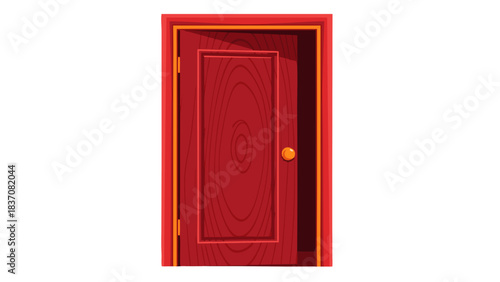 A simple red wooden door with a golden knob and trim is slightly ajar revealing a sliver of light from behind on a black background