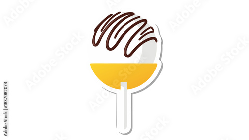 A Simple Vector Illustration of a White Ice Cream Cone Topped with Chocolate Drizzle on a Yellow Holder with a Stick Against a Black Background