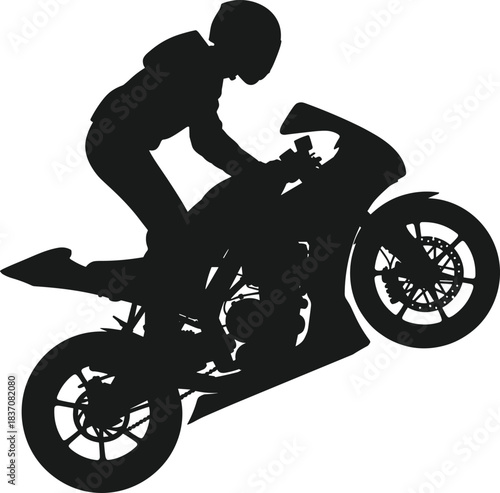 WebSilhouette of a Sport Bike Rider Performing a Wheelie, Showcasing Extreme Stunt Riding, Motorcycling Action, Adrenaline, Speed, and Danger Concept