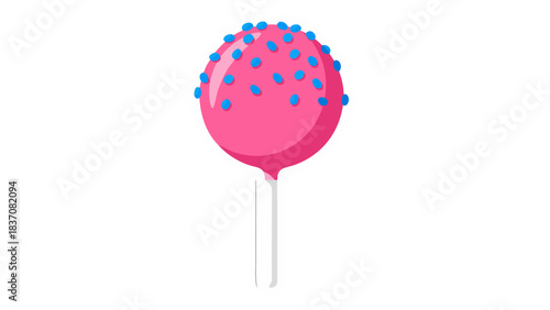 A single bright pink cake pop adorned with blue sprinkles on a white stick against a black background with a clean minimalist style and a soft highlight on the confectionery item