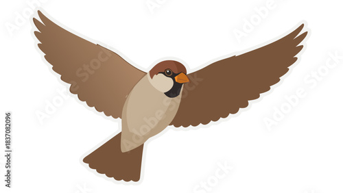 A Single Brown Sparrow Bird With Wings Spread Wide In Mid Flight Against A Black Background With A White Outline Isolated Illustration