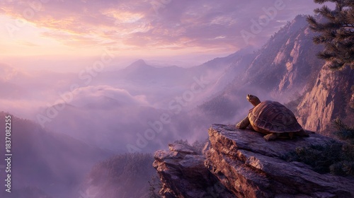 Wallpaper Mural A turtle perched atop a cliff, gazing at a majestic mountain vista, painted with soft sunset hues and ethereal clouds Torontodigital.ca