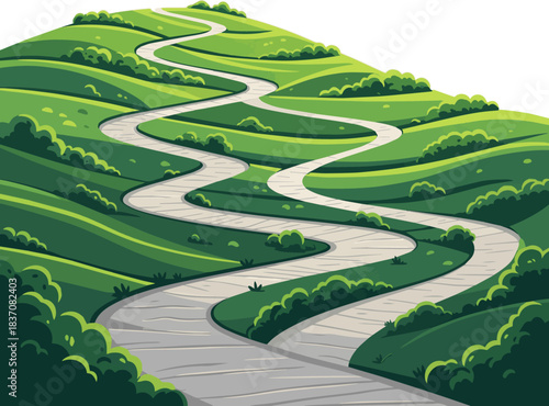Create a kinds of deferent Winding path ascending a lush green hill vector art with white background..