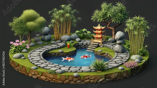Tranquil Japanese Garden Pond with Koi Fish and Pagoda.