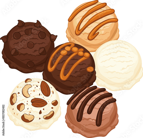 Create a kinds of deferent Chocolate ice cream scoop Vector art with white background.