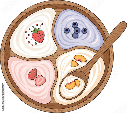 Create a kinds of deferent Creamy yogurt in wooden bowl and spoon Vector art with white background.