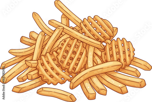 Create a kinds of deferent Crispy French fries pile Vector art with white background..
