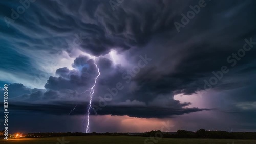 Pulse of Night: A Luminous Lightning Strike Across the Plain