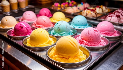 Colorful, chocolate, and butter ice cream in balls, in a beautiful bucket, or in a waffle cone, sprinkled with sprinkles or chocolate.