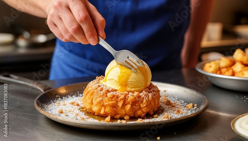 Fried ice cream on a tray, corrects the product, tastes it