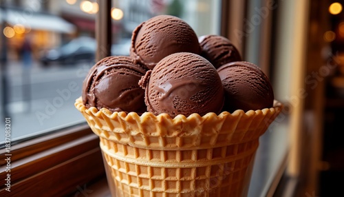 Colorful, chocolate, and butter ice cream in balls, in a beautiful bucket, or in a waffle cone, sprinkled with sprinkles or chocolate.