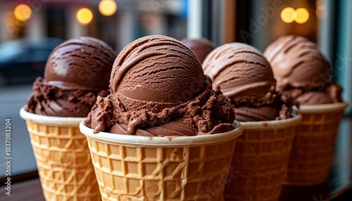 Colorful, chocolate, and butter ice cream in balls, in a beautiful bucket, or in a waffle cone, sprinkled with sprinkles or chocolate.