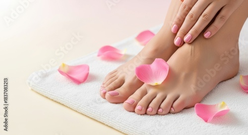 Relaxed woman’s feet adorned with rose petals on a soft towel  