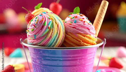 Colorful, chocolate, and butter ice cream in balls, in a beautiful bucket, or in a waffle cone, sprinkled with sprinkles or chocolate.