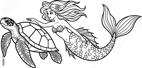 Mermaid and Sea Turtle Line Art, Black Outline Vector Drawing for Kids Coloring Book, Ocean Life, Fantasy Design, and Underwater Animals.