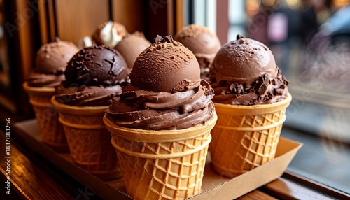 Colorful, chocolate, and butter ice cream in balls, in a beautiful bucket, or in a waffle cone, sprinkled with sprinkles or chocolate.