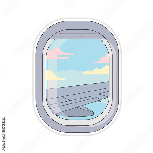 Airplane window view with wing and clouds on blue sky background  
