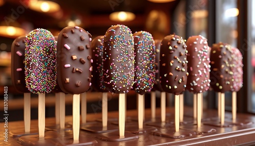 A chocolate ice cream on a stick, in a store window.