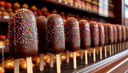 A chocolate ice cream on a stick, in a store window.