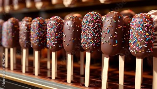 A chocolate ice cream on a stick, in a store window.