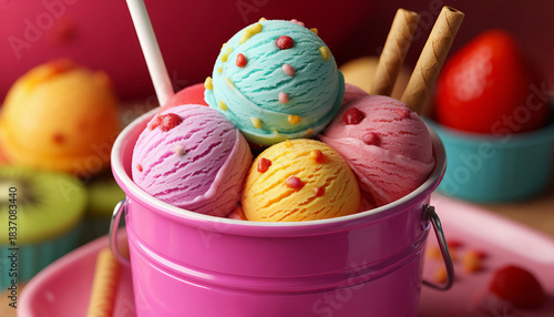 Colorful, chocolate, and butter ice cream in balls, in a beautiful bucket, or in a waffle cone, sprinkled with sprinkles or chocolate.