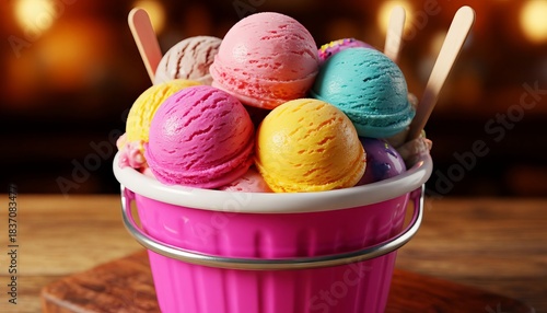 Colorful, chocolate, and butter ice cream in balls, in a beautiful bucket, or in a waffle cone, sprinkled with sprinkles or chocolate.