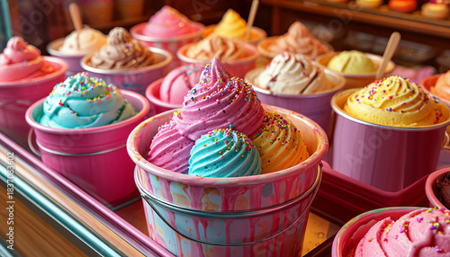 Colorful, chocolate, and butter ice cream in balls, in a beautiful bucket, or in a waffle cone, sprinkled with sprinkles or chocolate.