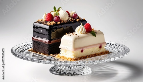 Ice cream cake on a beautiful glass plate in the store