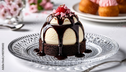 Ice cream cake on a beautiful glass plate in the store