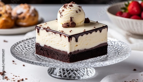 Ice cream cake on a beautiful glass plate in the store