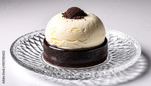 Ice cream cake on a beautiful glass plate in the store
