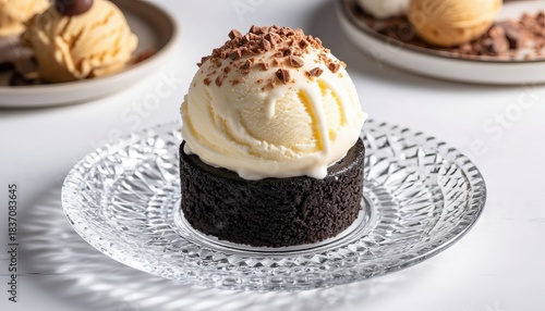 Ice cream cake on a beautiful glass plate in the store