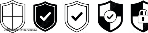 Security Shield Icons Set, Black and White Vector Symbols Representing Protection, Safety Checkmark, Data Guard, Antivirus Software, and Secure Lock.