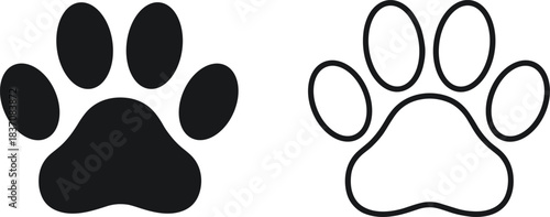 Simple Dog or Cat Paw Print Vector Icon Set, Featuring a Clean Solid Black Silhouette and Line Art Outline, Excellent for Pet Mobile Apps, Veterinary Websites, and Animal Logos.