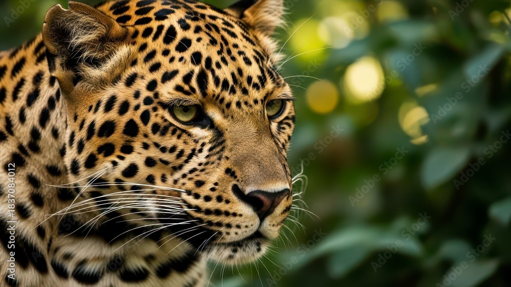 Obraz premium Close-up portrait of a majestic leopard with striking spotted fur and intense eyes, set against a blurred natural background of green foliage and bokeh lights, showcasing its wild beauty and powerful.