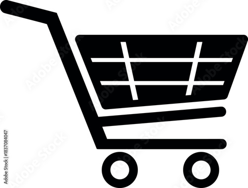 Solid Black Silhouette Shopping Cart Icon, Ideal for E-commerce Websites, Mobile Applications, Online Stores, Retail Purchasing, Digital Checkout, and Consumer Marketing Graphics.