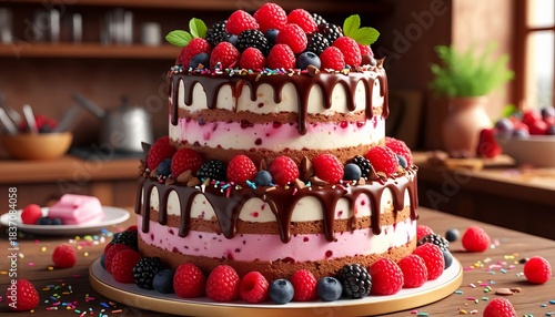 Ice cream cake with layers of chocolate, berries, sprinkles, and nuts on a beautiful plate on a table in a pastry shop.