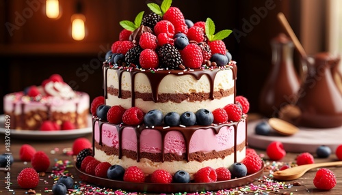 Ice cream cake with layers of chocolate, berries, sprinkles, and nuts on a beautiful plate on a table in a pastry shop.