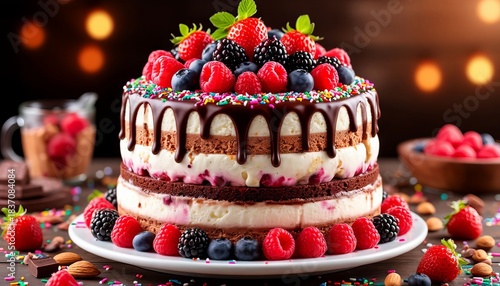 Ice cream cake with layers of chocolate, berries, sprinkles, and nuts on a beautiful plate on a table in a pastry shop.