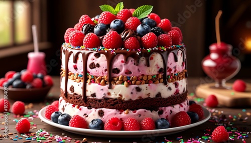 Ice cream cake with layers of chocolate, berries, sprinkles, and nuts on a beautiful plate on a table in a pastry shop.
