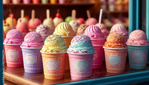 Colorful, chocolate, and butter ice cream in balls, in a beautiful bucket, or in a waffle cone, sprinkled with sprinkles or chocolate.